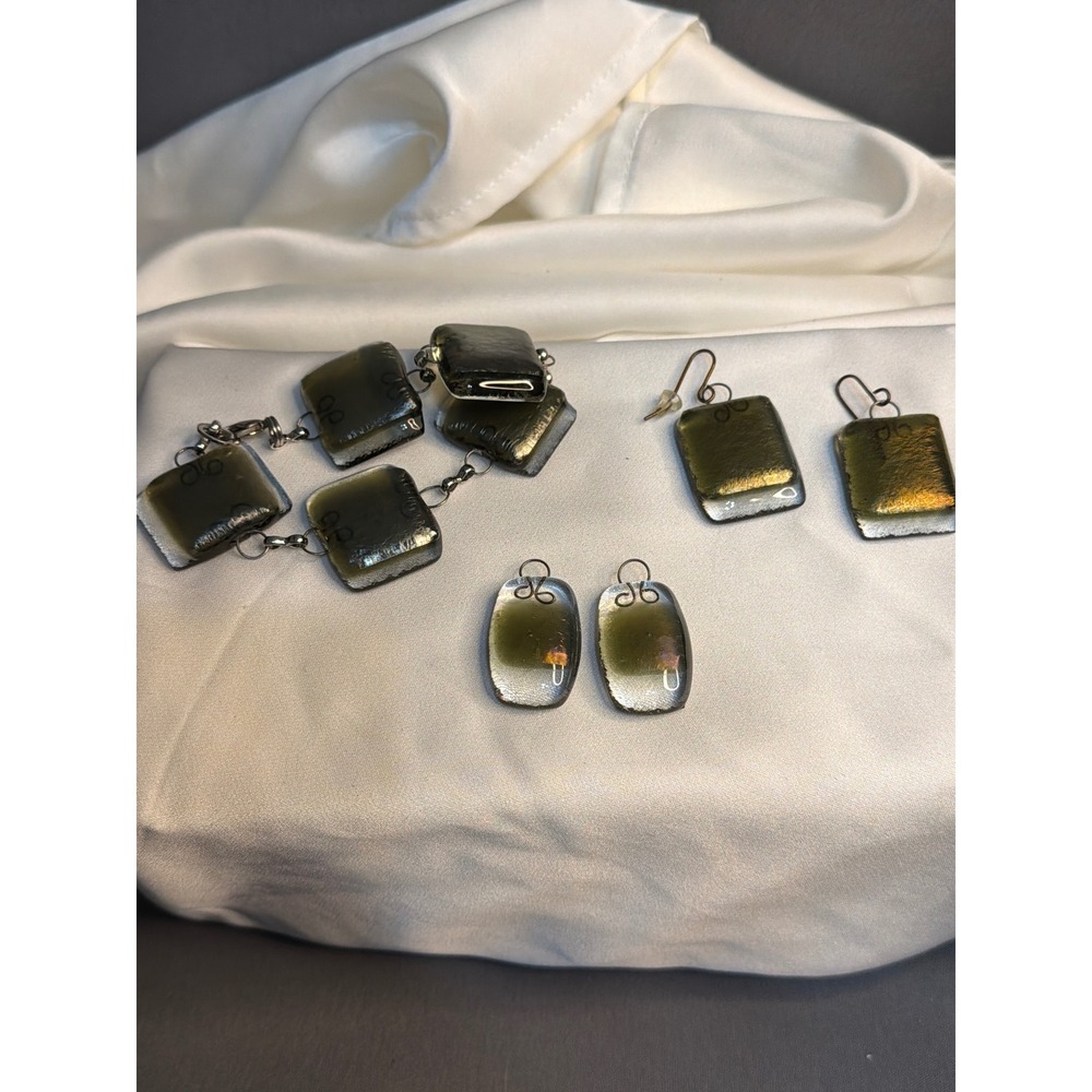 Artisan Fused Glass Jewelry Set Olive Green Iridescent Bracelet Earrings Charms